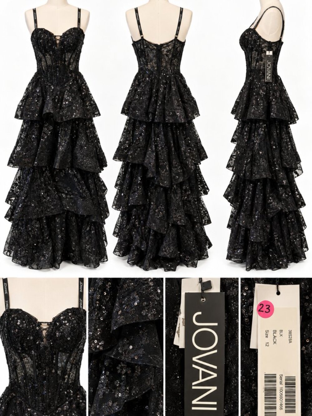 Jovani Black Sequin Embroidered Tiered Corset Gown – Size 12 – NWT